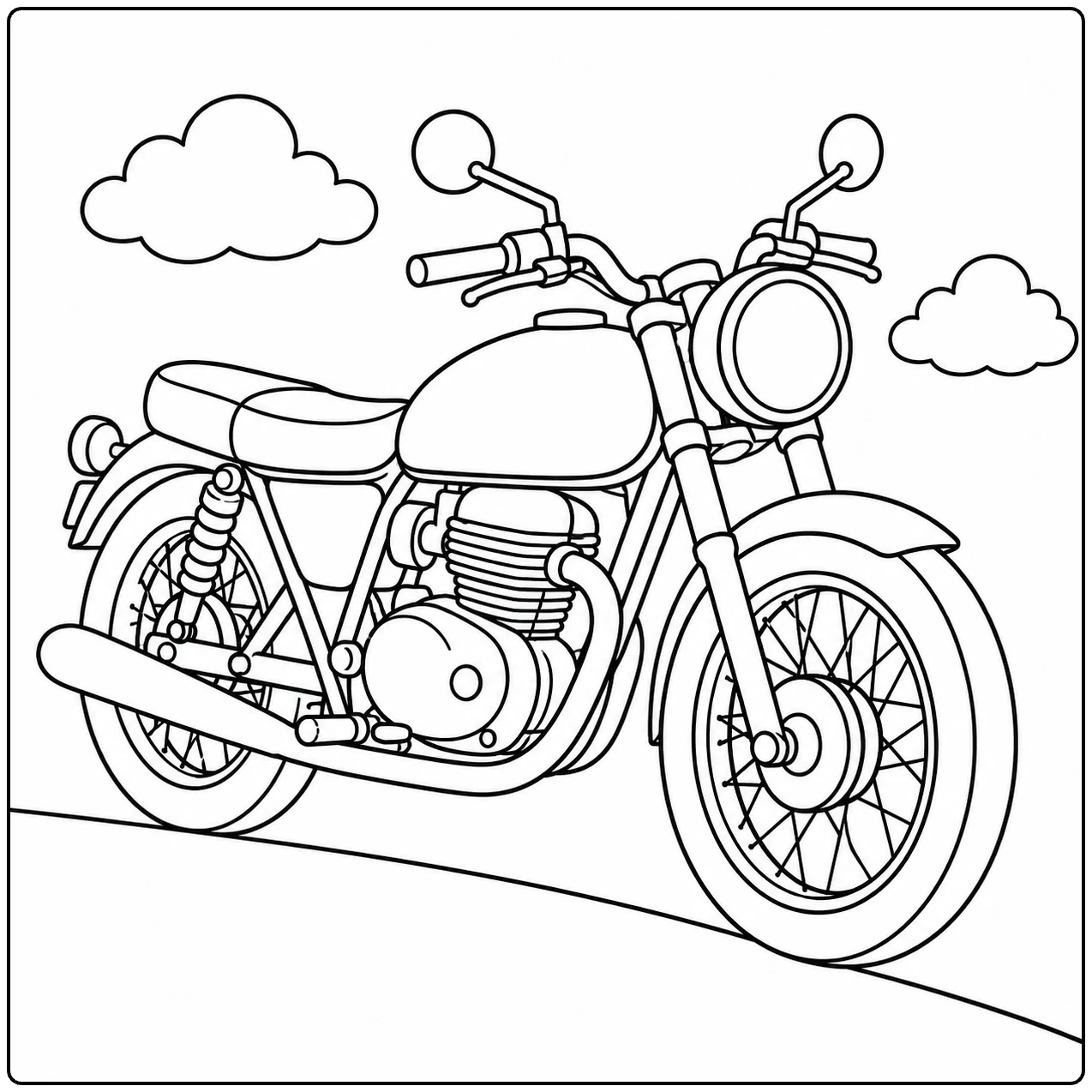 Klassieke motorfiets schuin van voren met spaakwielen, spiegels en zachte wolken