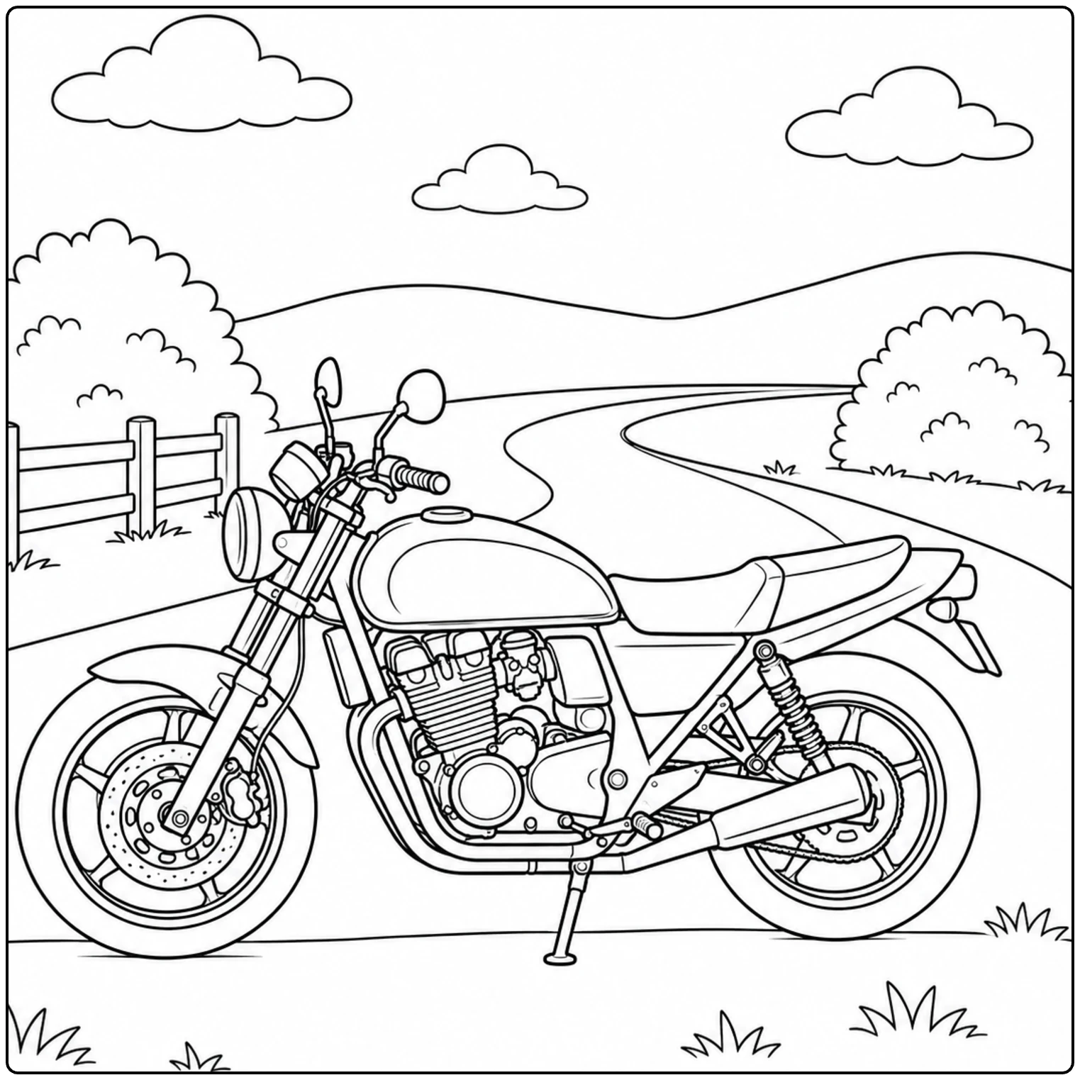 honda motor kleurplaat met een klassieke motor op een kronkelende landweg tussen heuvels en struiken