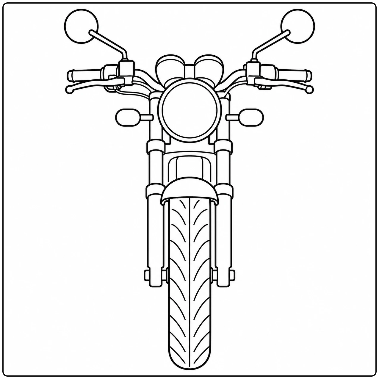 Vooraanzicht van een klassieke motor met ronde koplamp, spiegels en een brede voorband