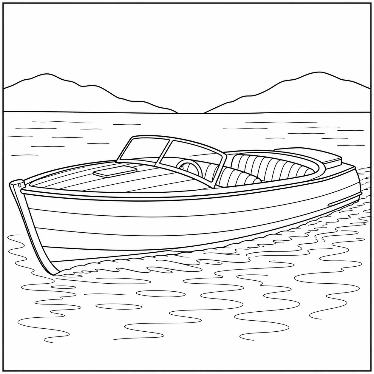 Klassieke open motorboot op rustig water met lage heuvels aan de horizon