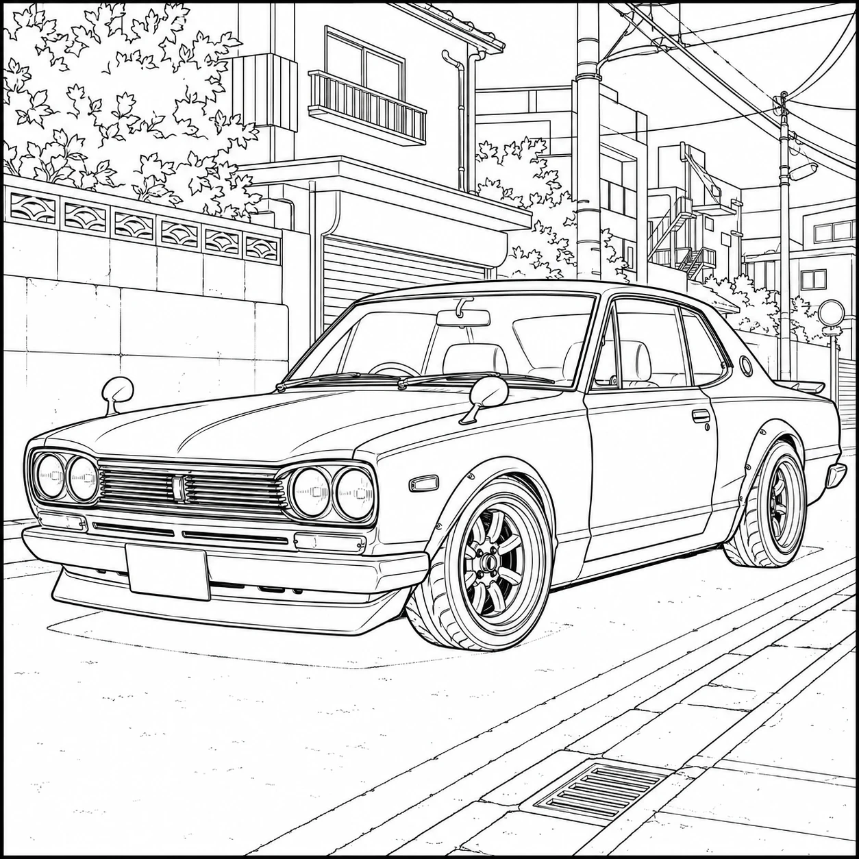 Klassieke Japanse sportwagen met lange motorkap en strakke omlijning in straatomgeving