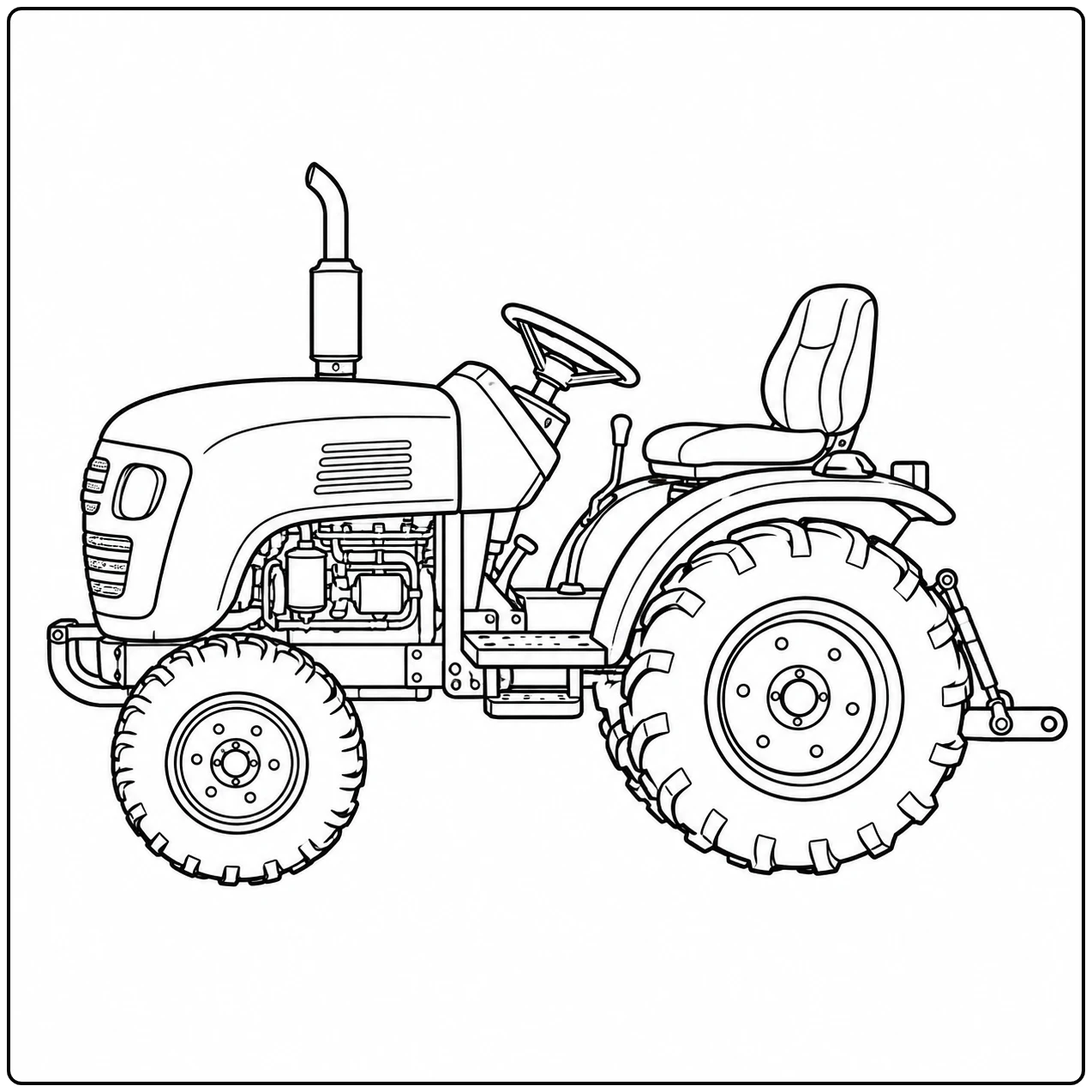 Klassieke open tractor in zijaanzicht met zichtbare motoronderdelen, stuur en grote achterband