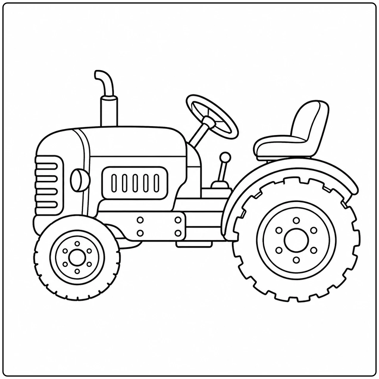 Klassieke open tractor met kleine voorband, grote achterband en eenvoudige motor als Makkelijke trekker kleurplaat