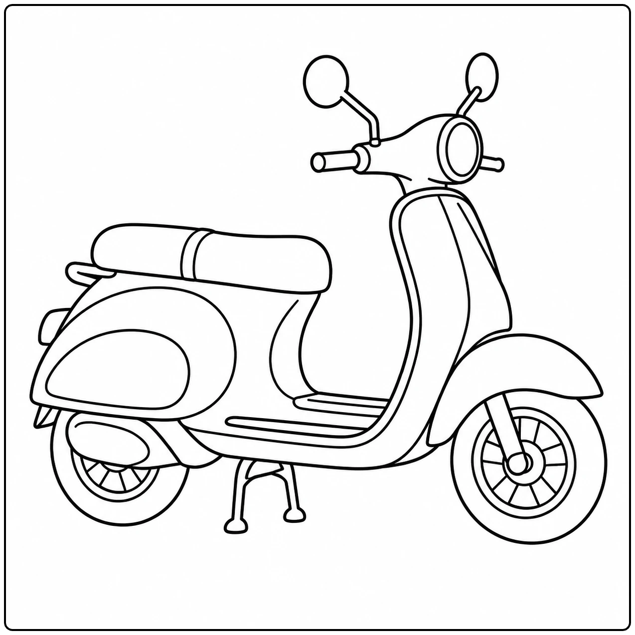 Klassieke scooter in zijaanzicht voor een vespa kleurplaat, met ronde koplamp en middenstandaard