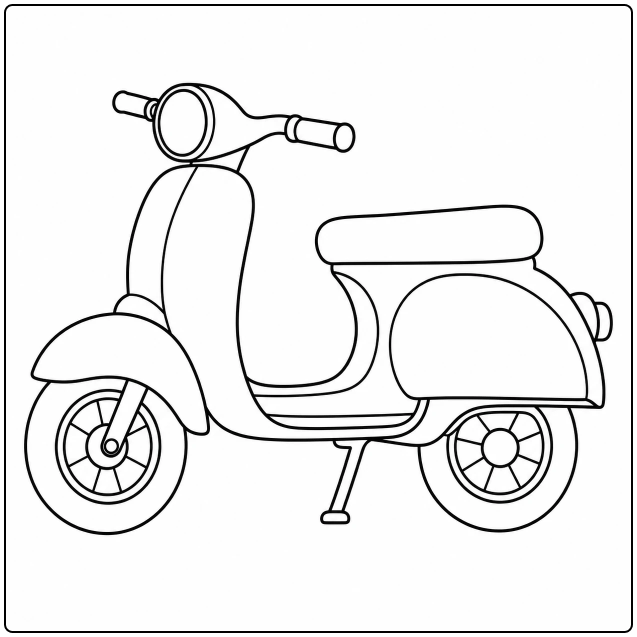 Een klassieke kleurplaat scooter in zijaanzicht met ronde koplamp, brede spatborden en standaard.