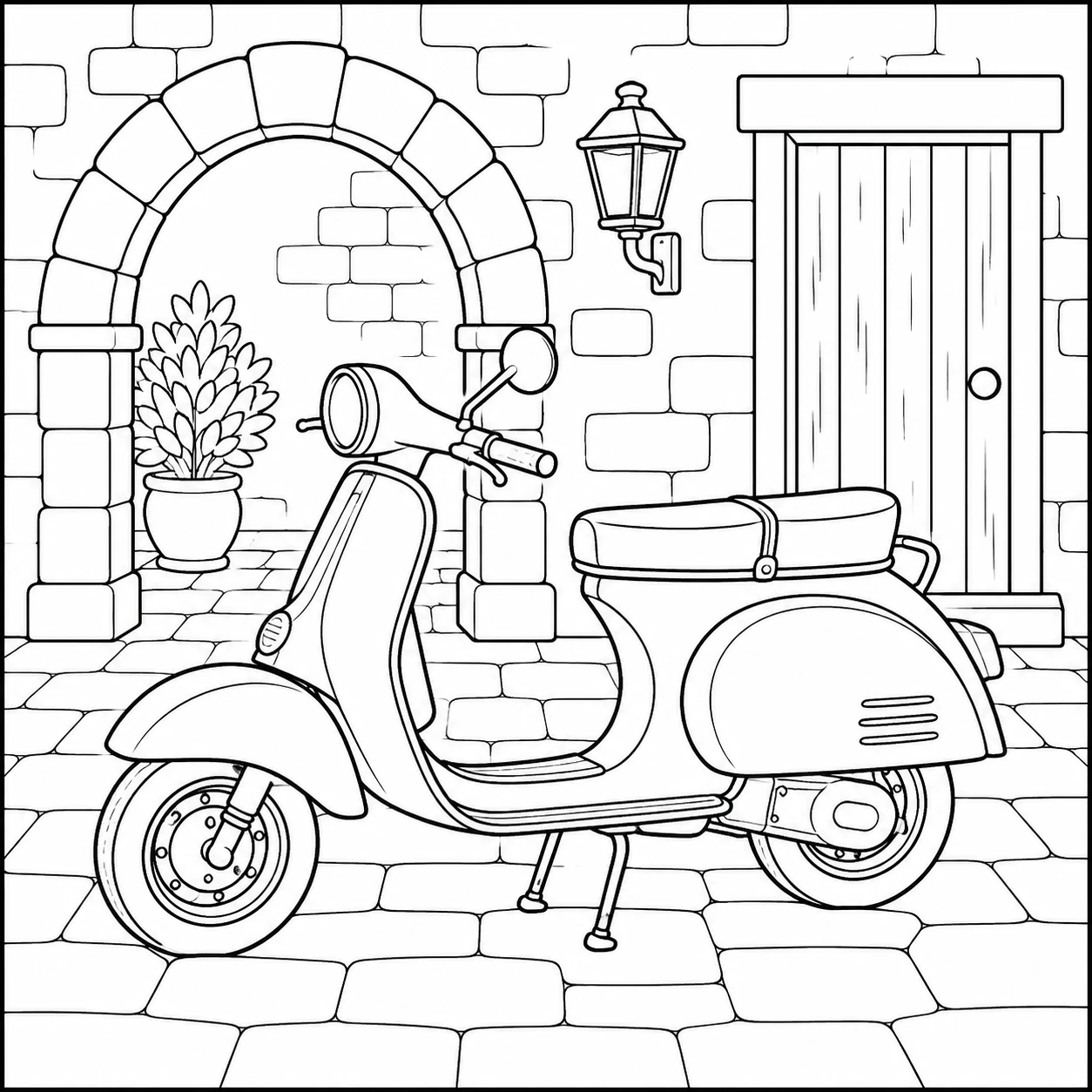 Klassieke scooter geparkeerd op een stenen binnenplaats met boogpoort en houten deur