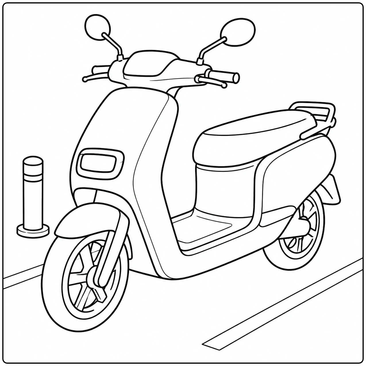 Een klassieke kleurplaat scooter staat schuin langs de weg met ronde spiegels en brede banden.
