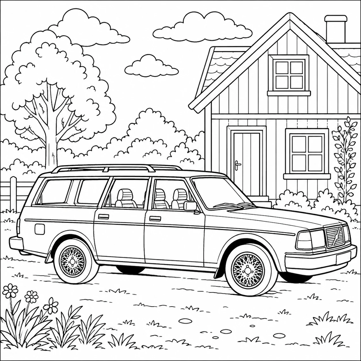 Klassieke stationwagen met groot raamoppervlak naast een huis in een rustige omgeving