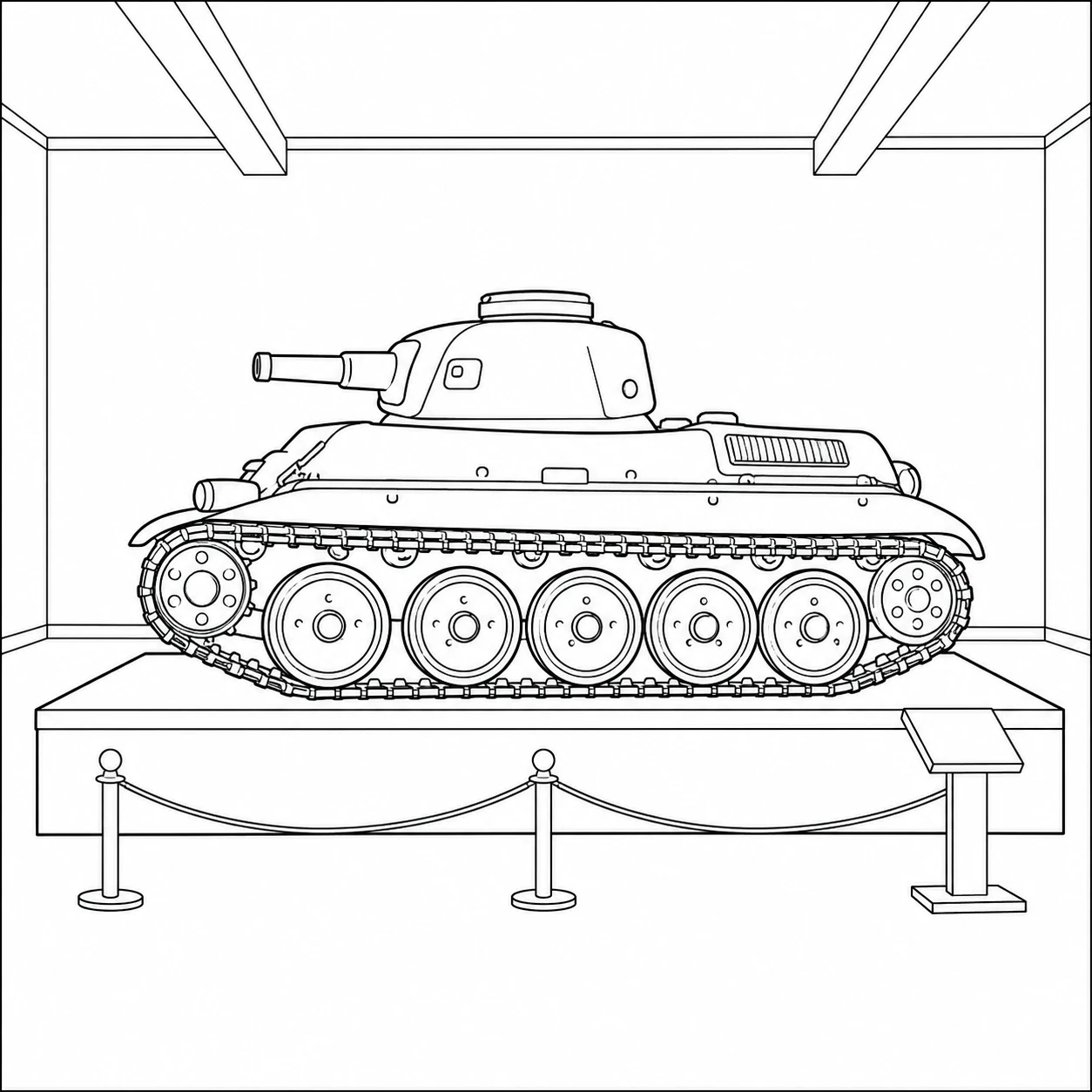 Klassieke tank staat op een museumplatform achter een lage afzetting.