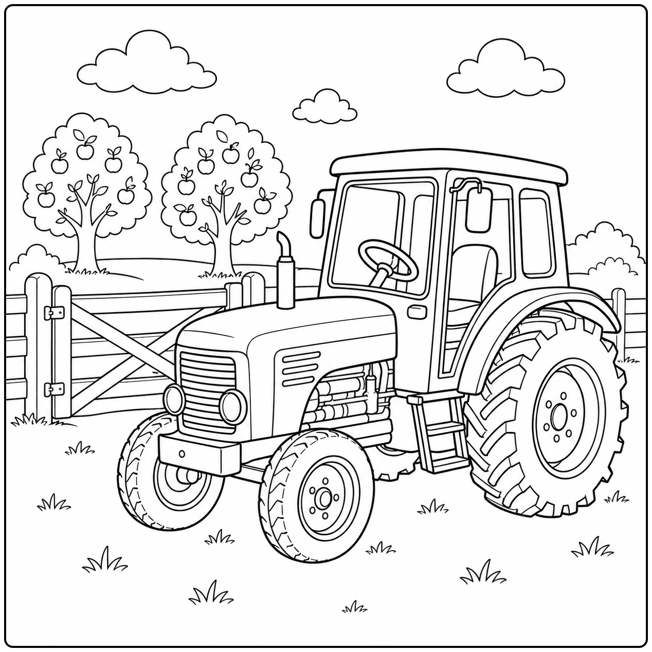 Klassieke tractor staat bij een houten boerderijhek met fruitbomen en wolken op de achtergrond