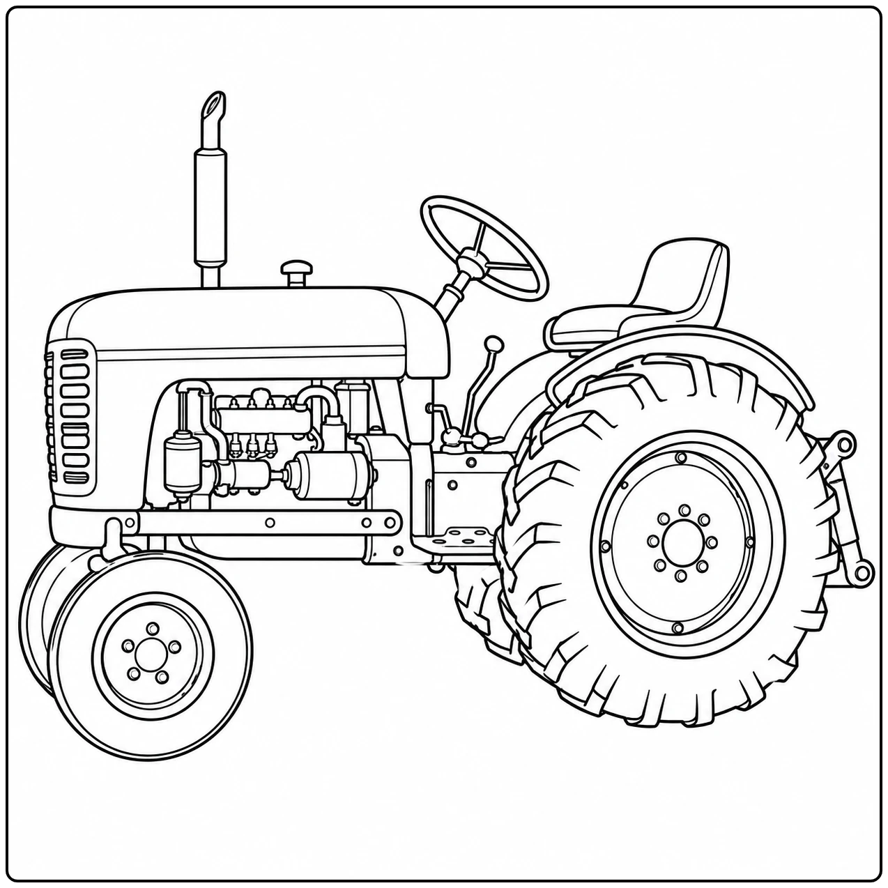 Klassieke tractor van opzij met open bestuurdersstoel, zichtbaar motorblok en groot achterwiel