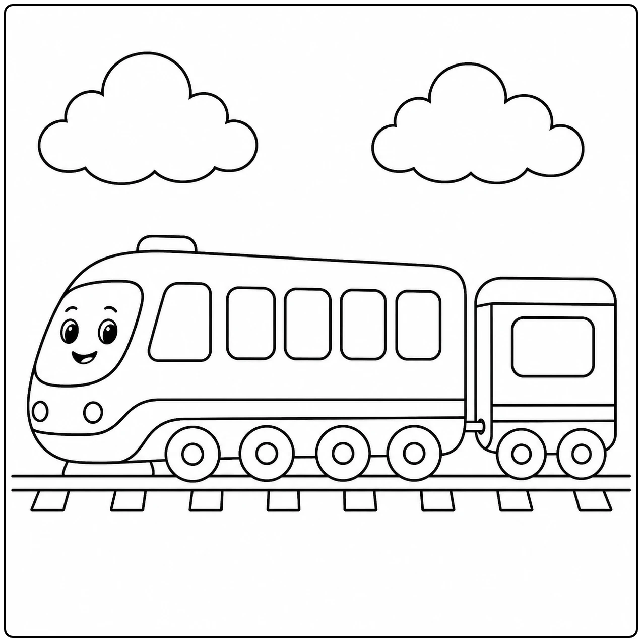 Klassieke stoomtrein met twee passagierswagons onder grote ronde wolken