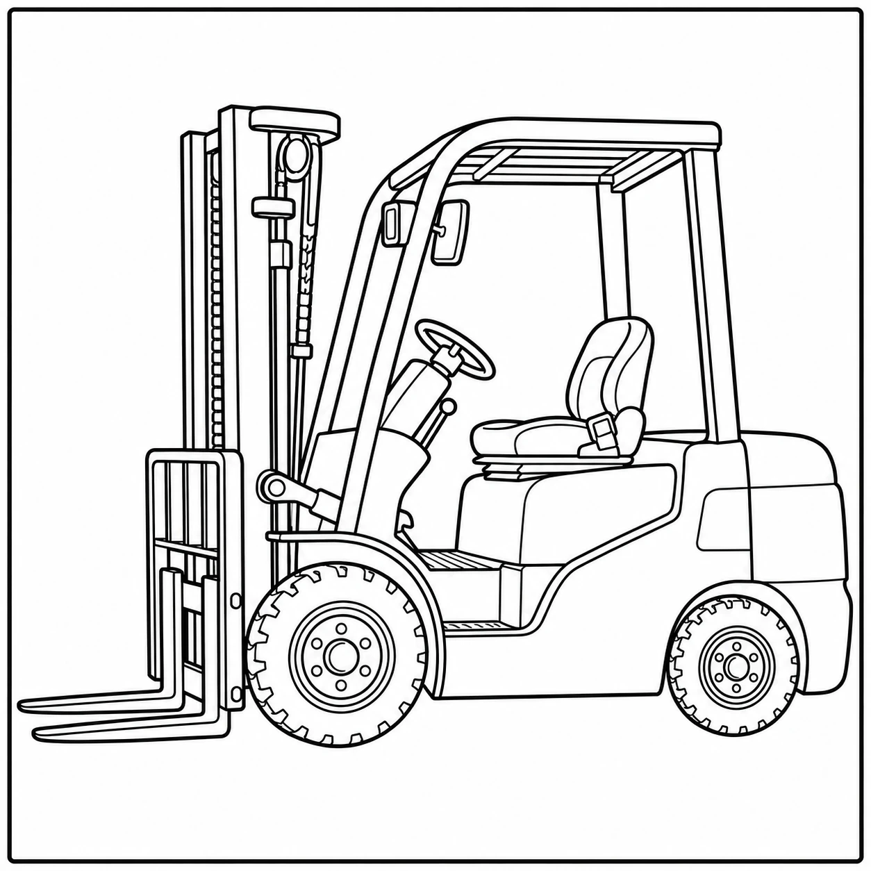 Klassieke heftruck van de zijkant met vorken, cabine en stevige wielen