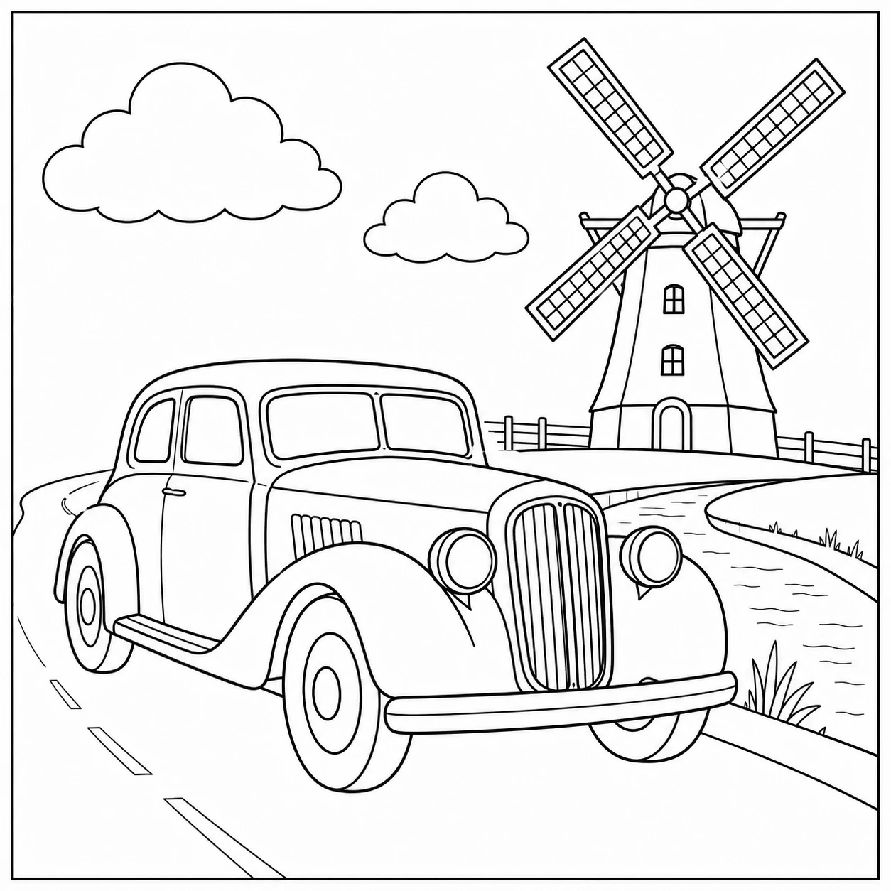 Statige klassieke auto op een landweg met een hoge windmolen en wolken erachter.