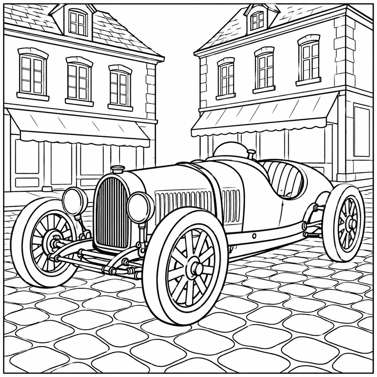 Klassieke open Bugatti op een geplaveide straat tussen historische stadsgebouwen.