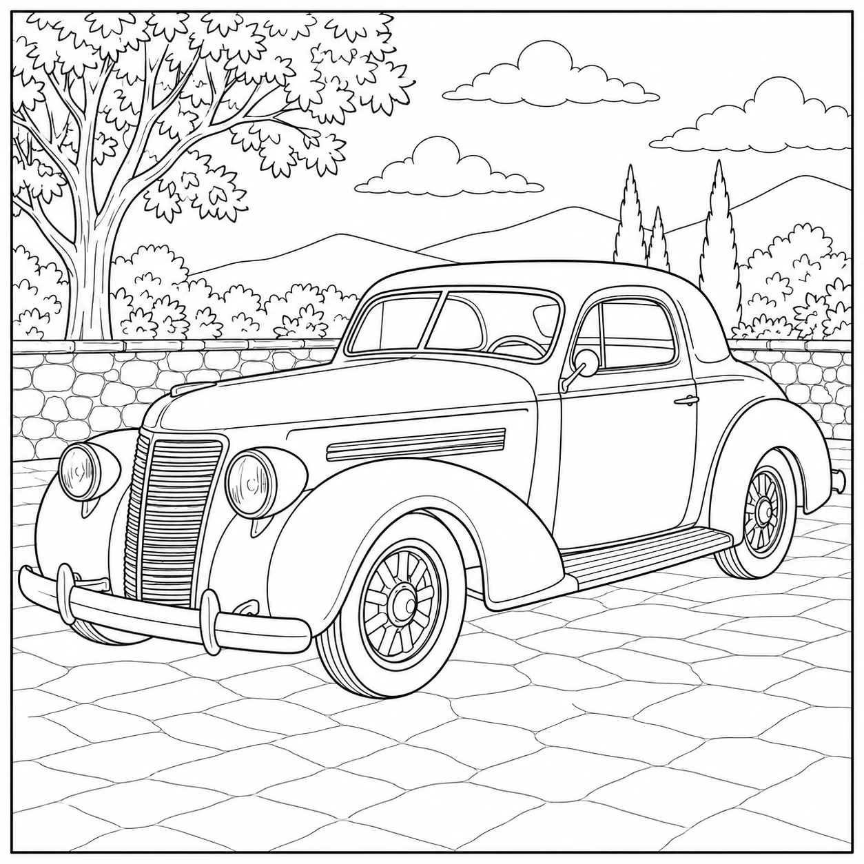 Klassieke sedan op een betegelde tuinoprit met boom en hagen; een sfeervolle kleurplaat oude auto.