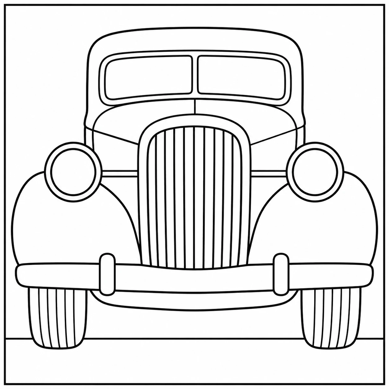 Vooraanzicht van een klassieke wagen met grote ronde lampen, brede bumper en gestreepte grille.
