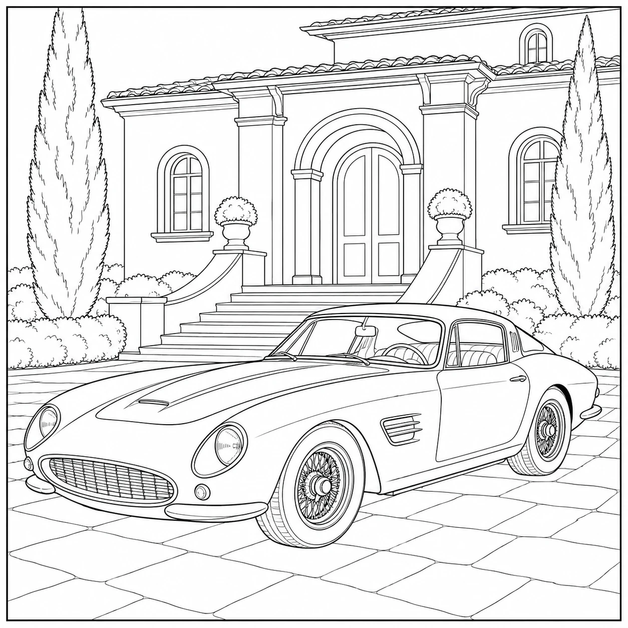 Voor een statige villa staat een klassieke kleurplaat auto ferrari met lange motorkap