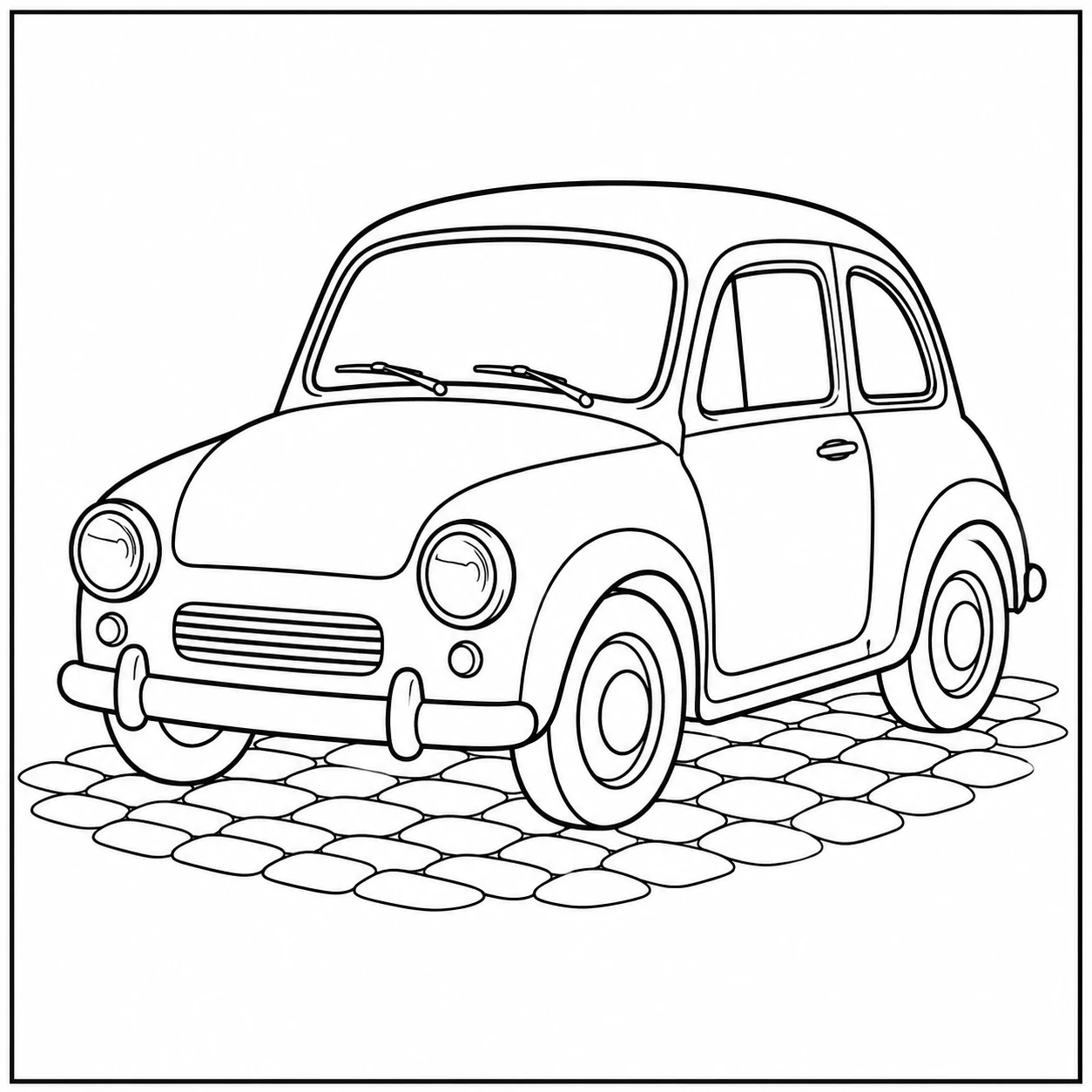 Kleine bolvormige stadsauto op keien, met ronde koplampen en een brede eenvoudige voorbumper.