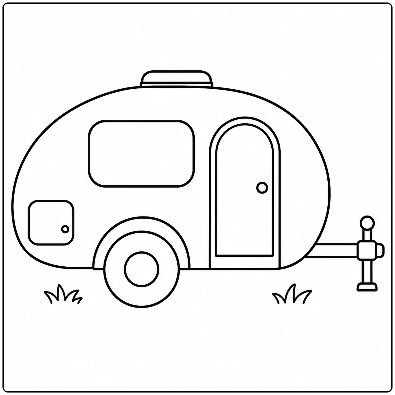 Compacte druppelcaravan met ronde deur, groot raam, dakluik en één stevig wiel