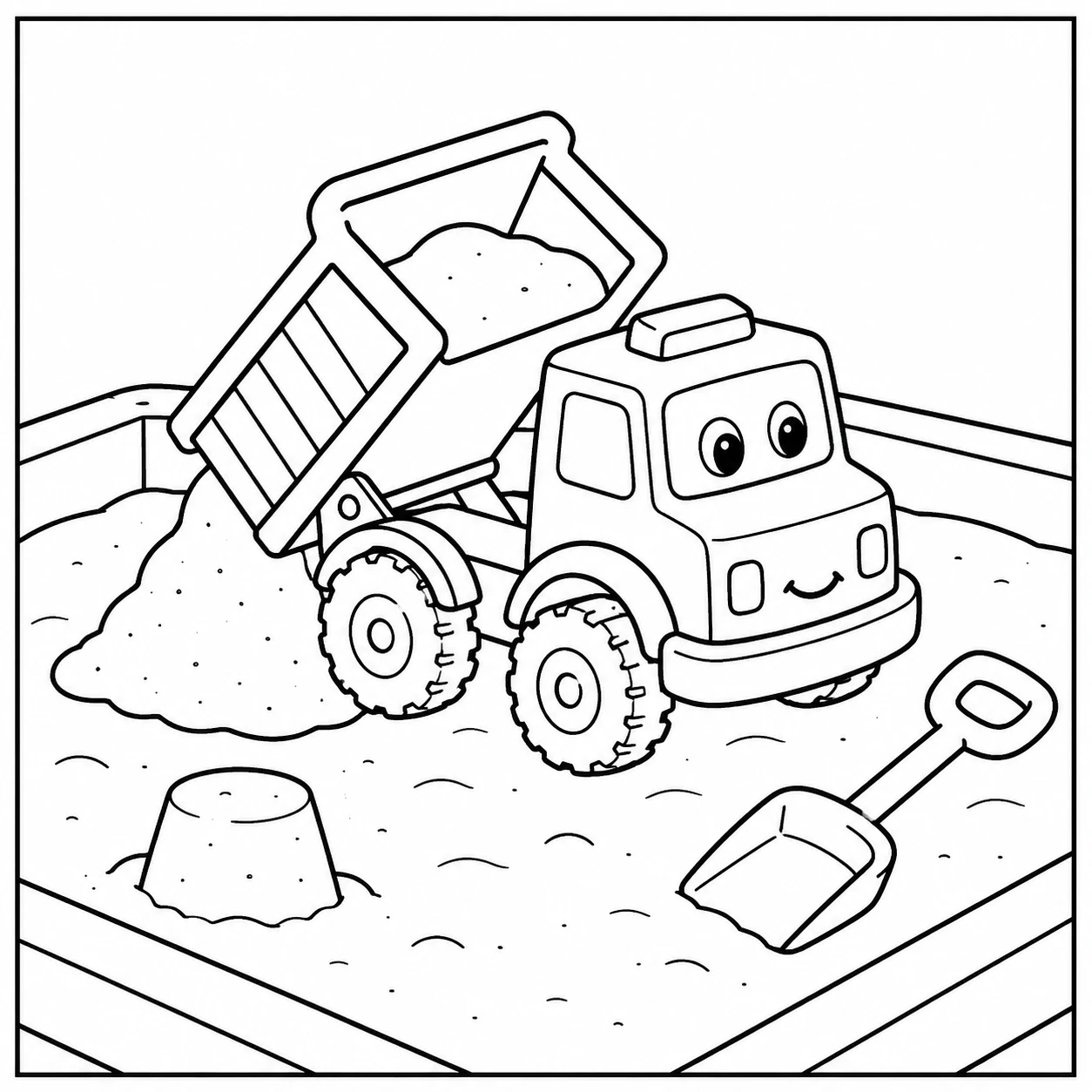 Kleine vrachtwagen kiepwagen met volle bak zand, een schep en een eenvoudige bouwomgeving