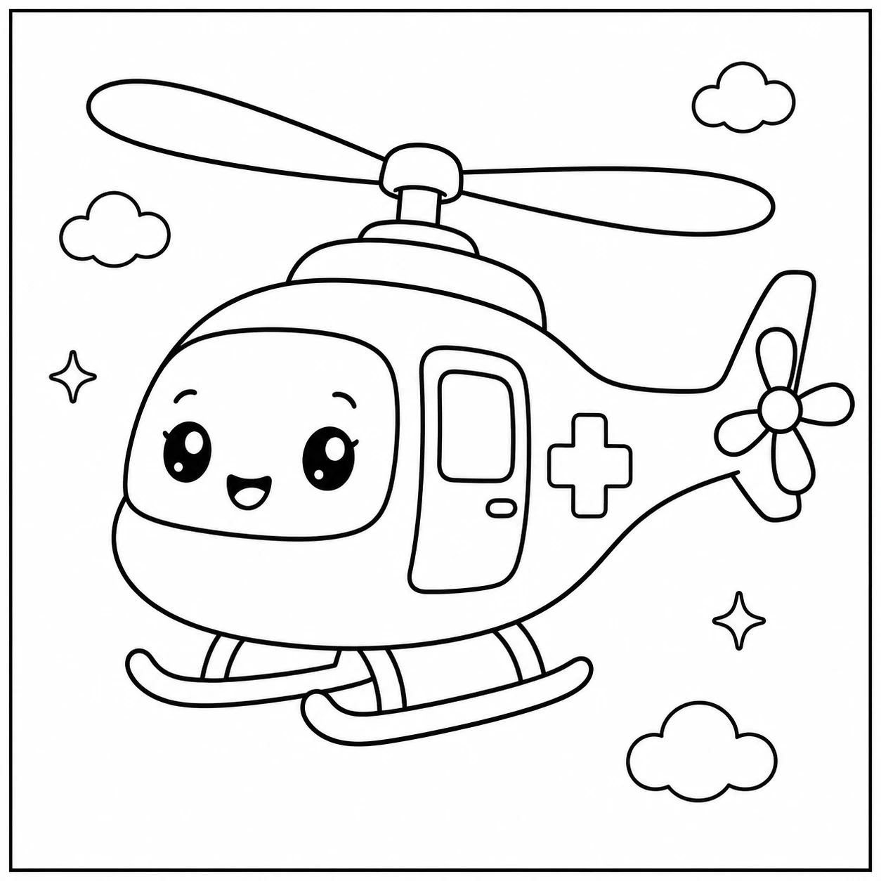Kleine vriendelijke ambulancehelikopter tussen wolkjes en sterren met een vrolijk gezicht