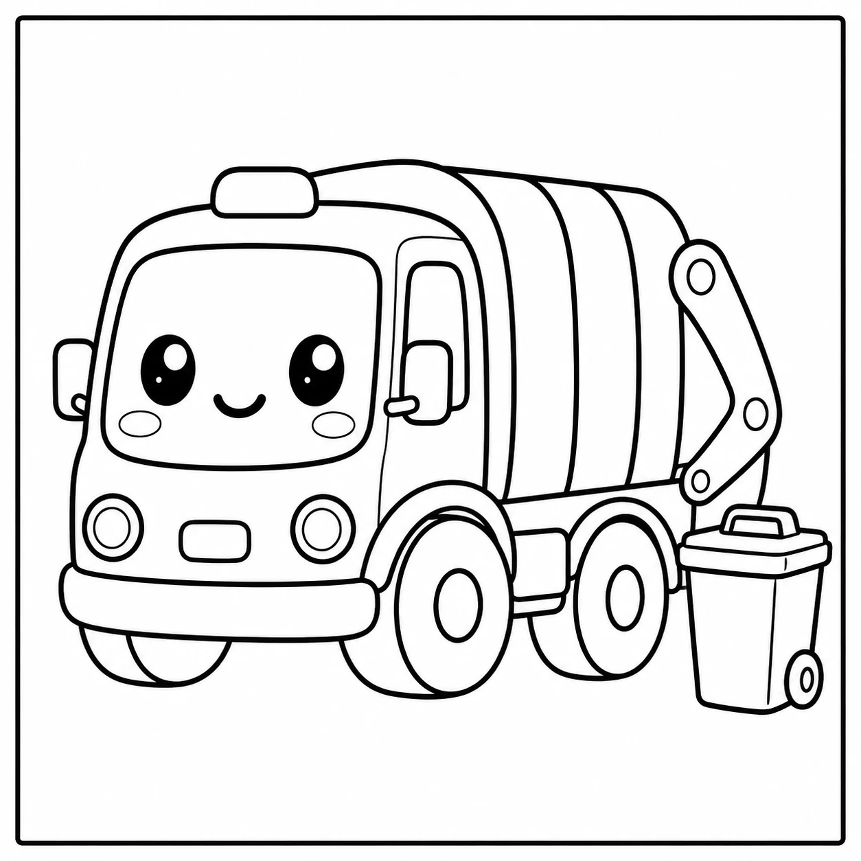 Compacte kleurplaat vuilniswagen met een kleine afvalbak en speelse cartoonvormen