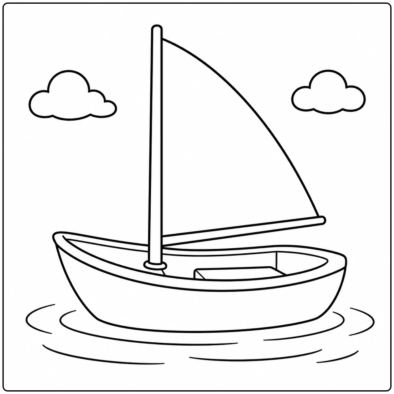 Kleine zeilboot met één groot driehoekig zeil op rustig water tussen twee wolken