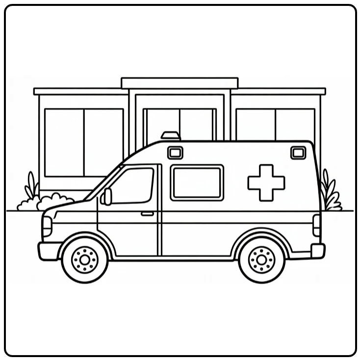 Kleurplaat ambulance buiten ziekenhuis met kruis