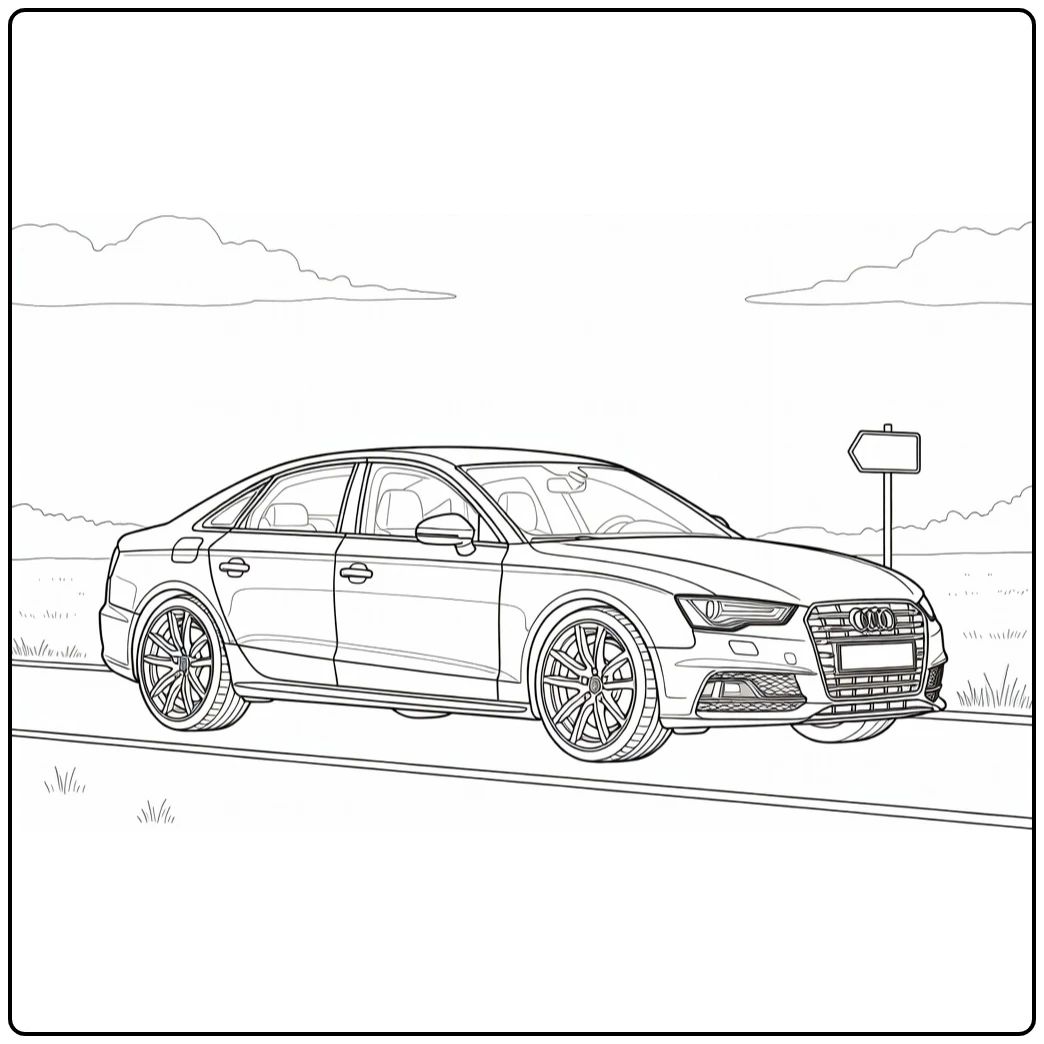 kleurplaat auto audi sedan met ringen en wielen