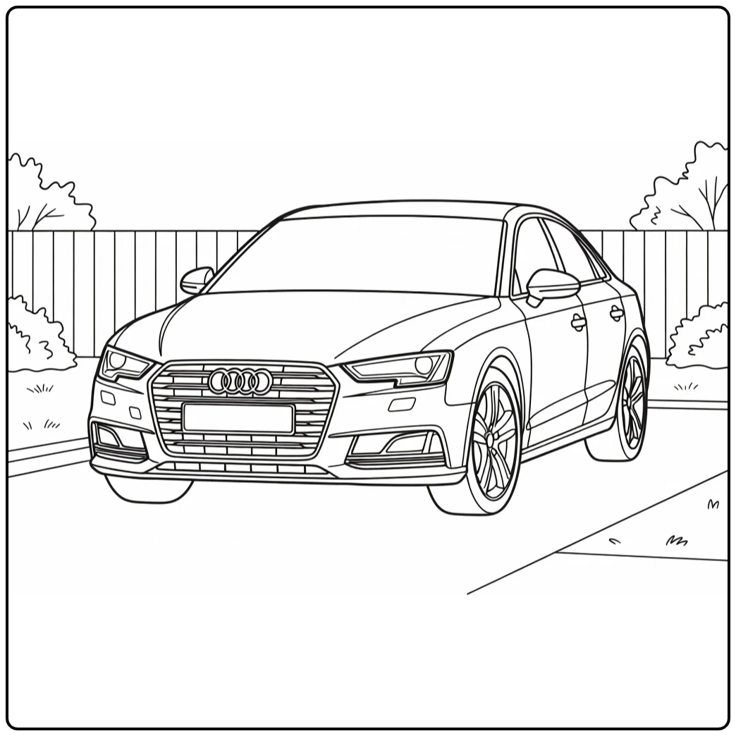 kleurplaat auto audi met grille en logo in woonwijk