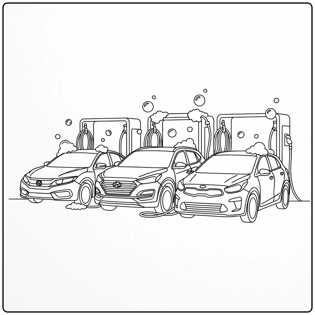 kleurplaat auto carwash met drie auto's en bubbels
