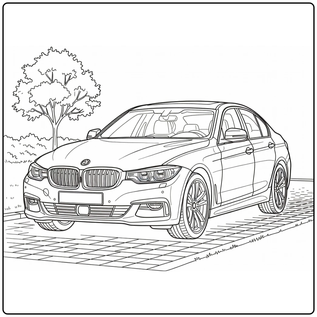 kleurplaat auto bmw moderne sedan met grille en oprit