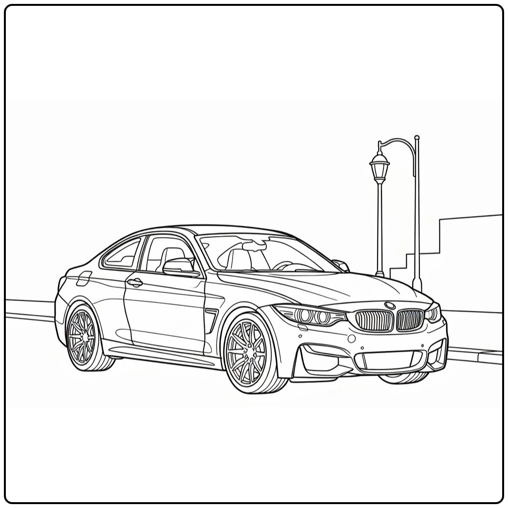 kleurplaat auto bmw BMW coupe naast stadstraat met logo