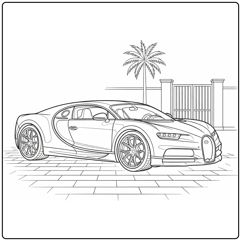 kleurplaat auto bugatti naast villa oprit en palmboom