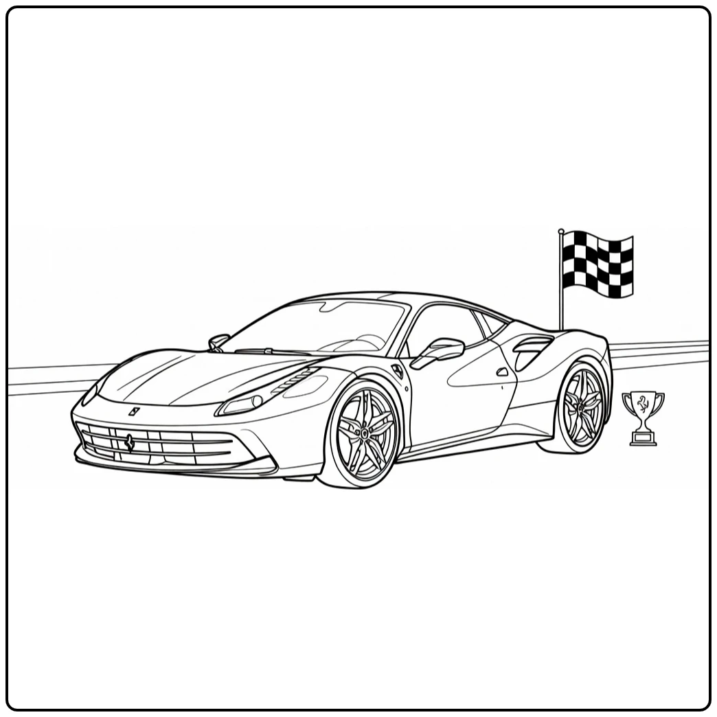 kleurplaat auto ferrari met finishvlag en logo's