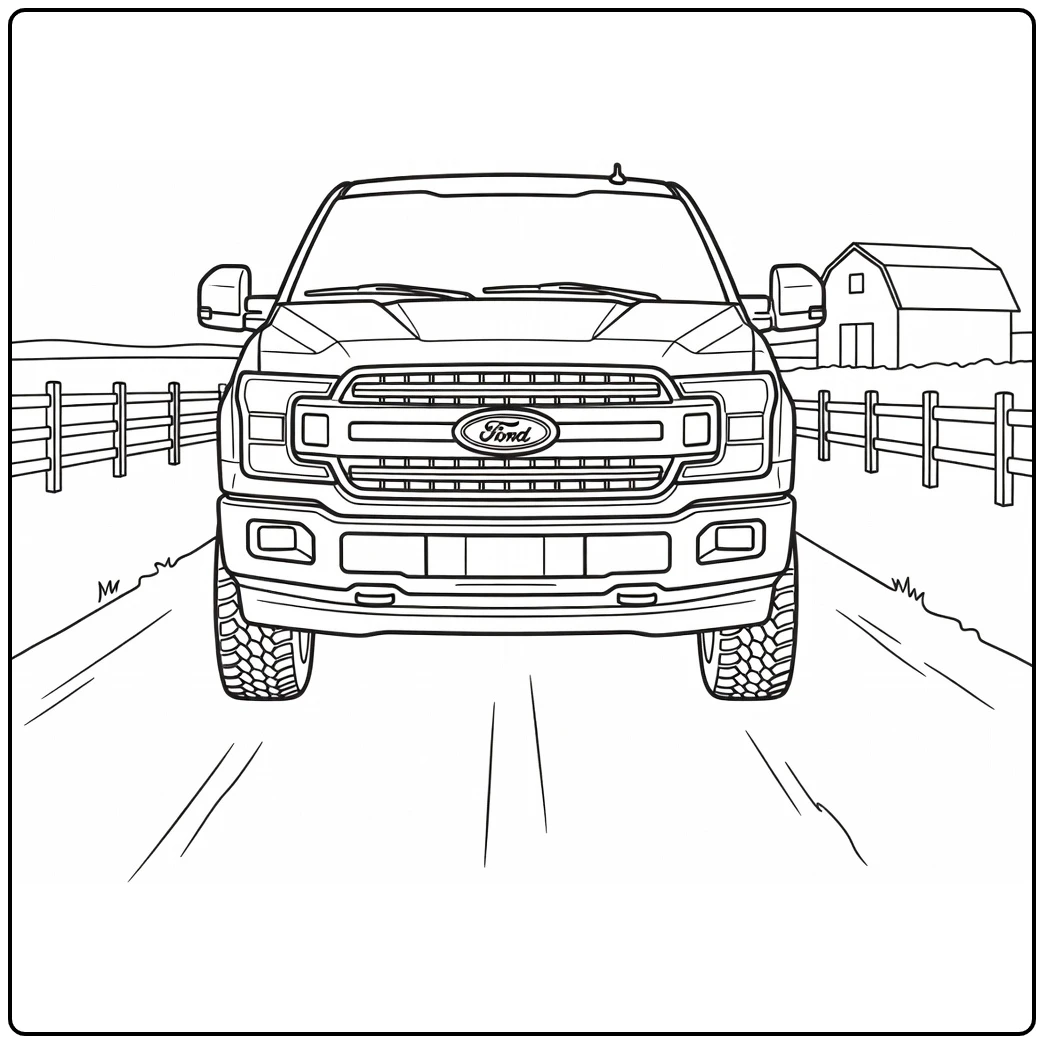kleurplaat auto ford pickup truck op boerderijpad met hek