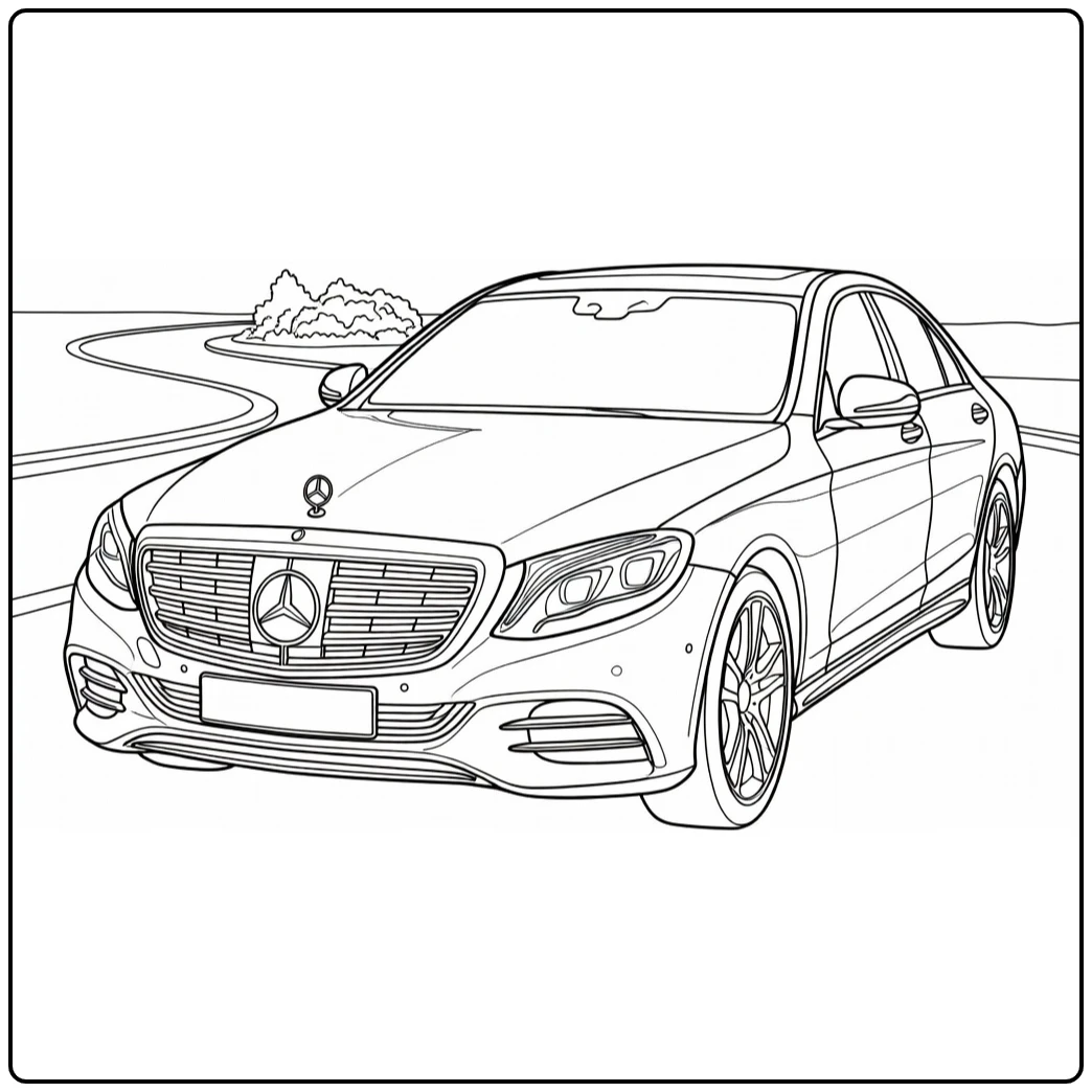 kleurplaat auto mercedes luxe sedan met ster logo op grille