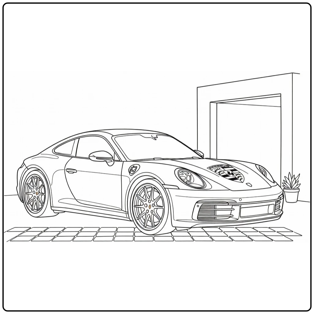 kleurplaat auto porsche moderne coupe bij garage