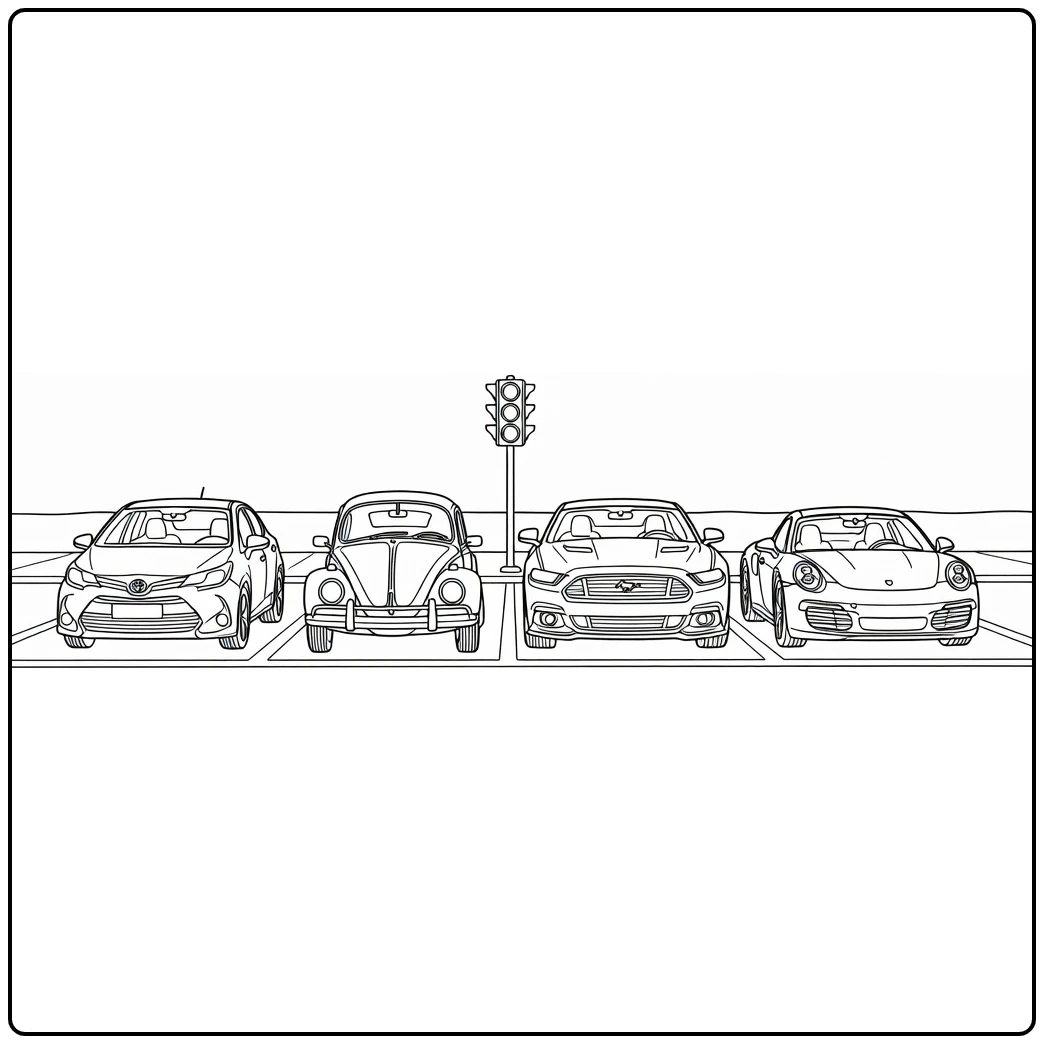 kleurplaat auto met vier auto's bij stoplicht