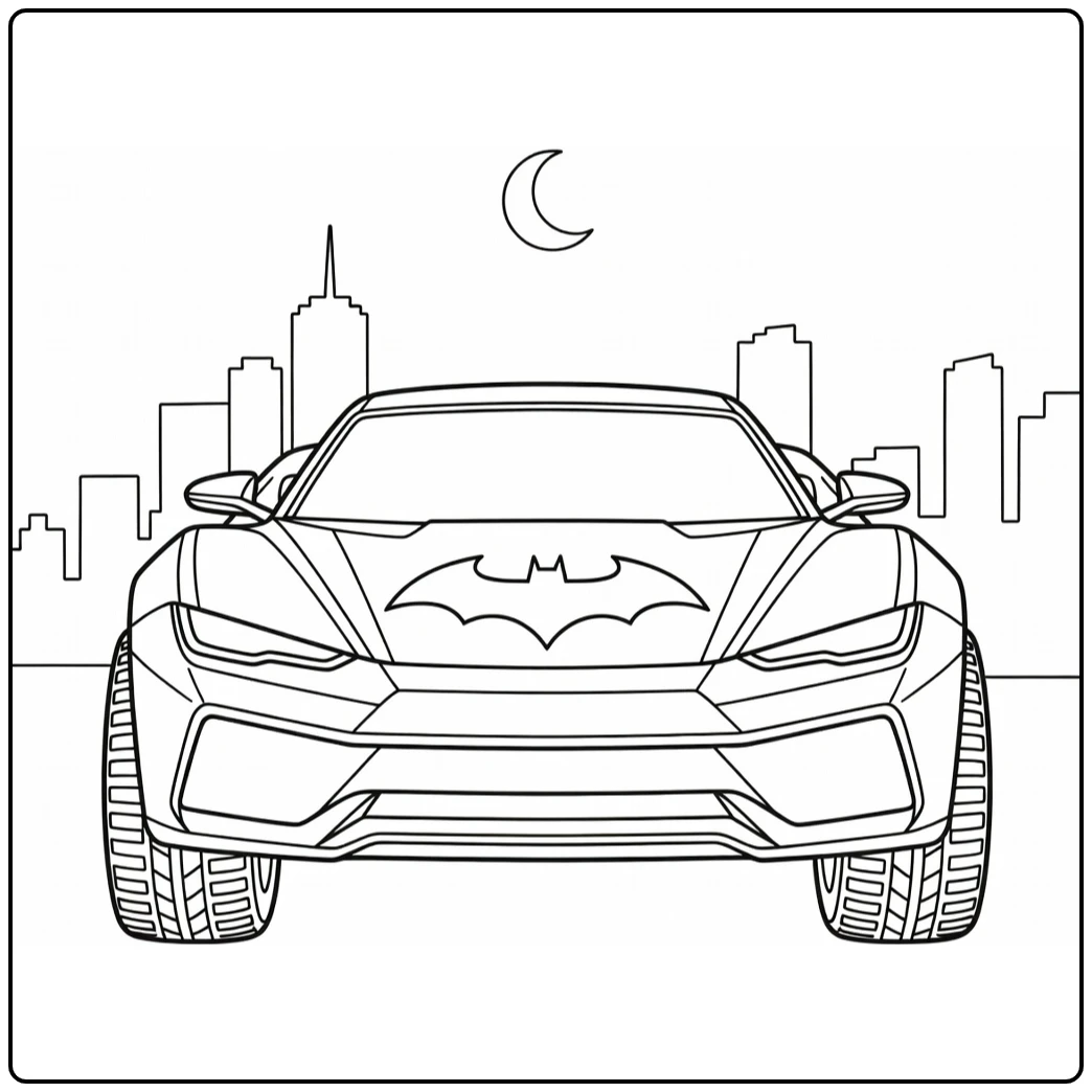 kleurplaat batman auto met bat embleem en grote wielen