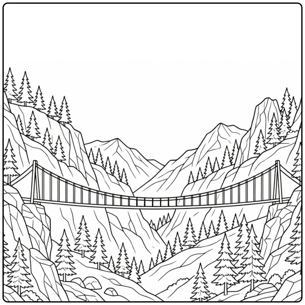 kleurplaat bergen met hangbrug over bergvallei