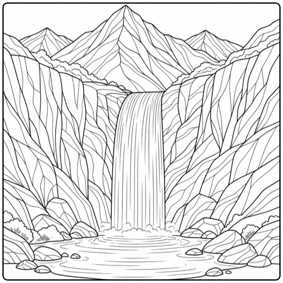 Kleurplaat bergen met cascade waterval en rotsen