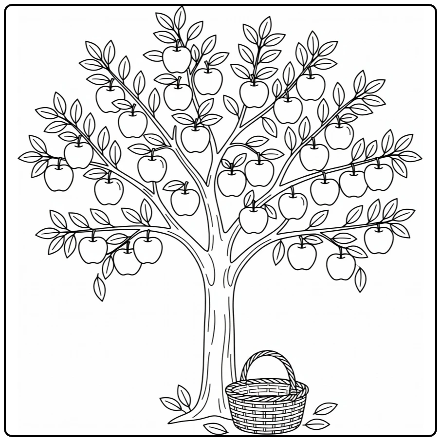 kleurplaat boom met appelboom vol rijpe appels en mand
