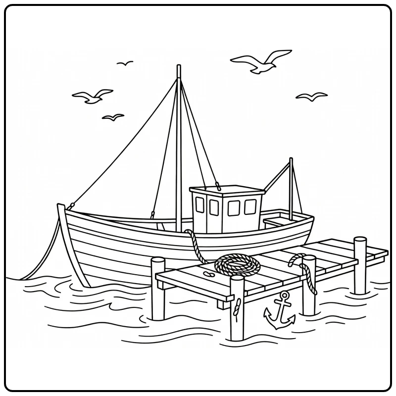 kleurplaat boot bij pier met touw anker en golven