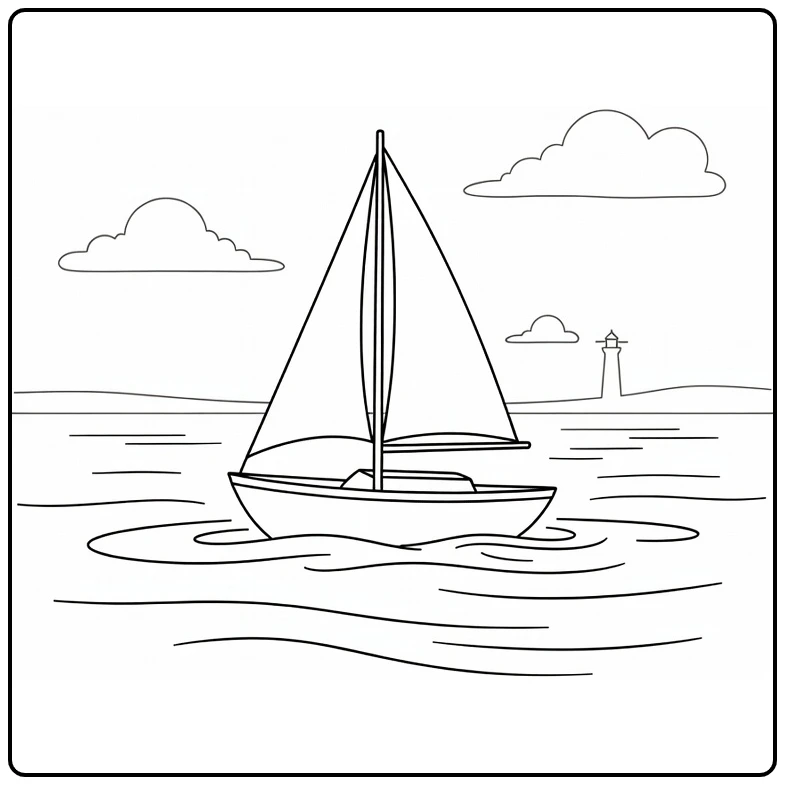 kleurplaat boot met zeilboot op kalm water en vuurtoren