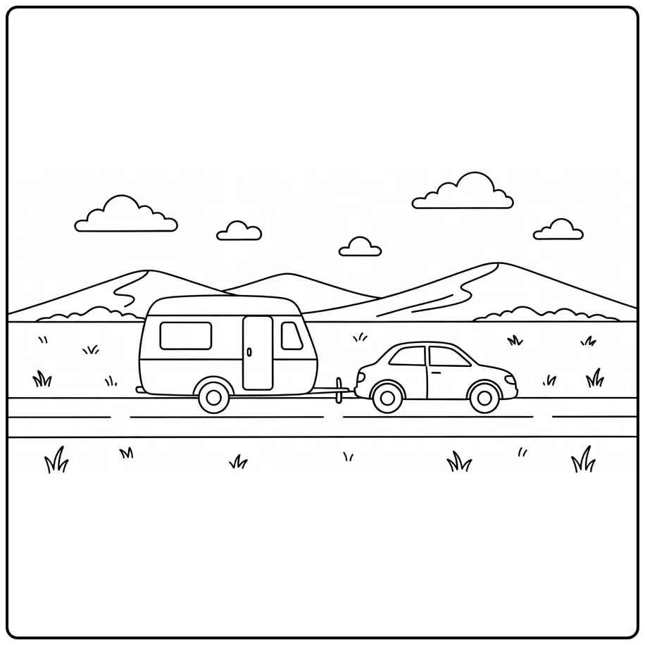 kleurplaat caravan met auto op weg naar bergen en wolken