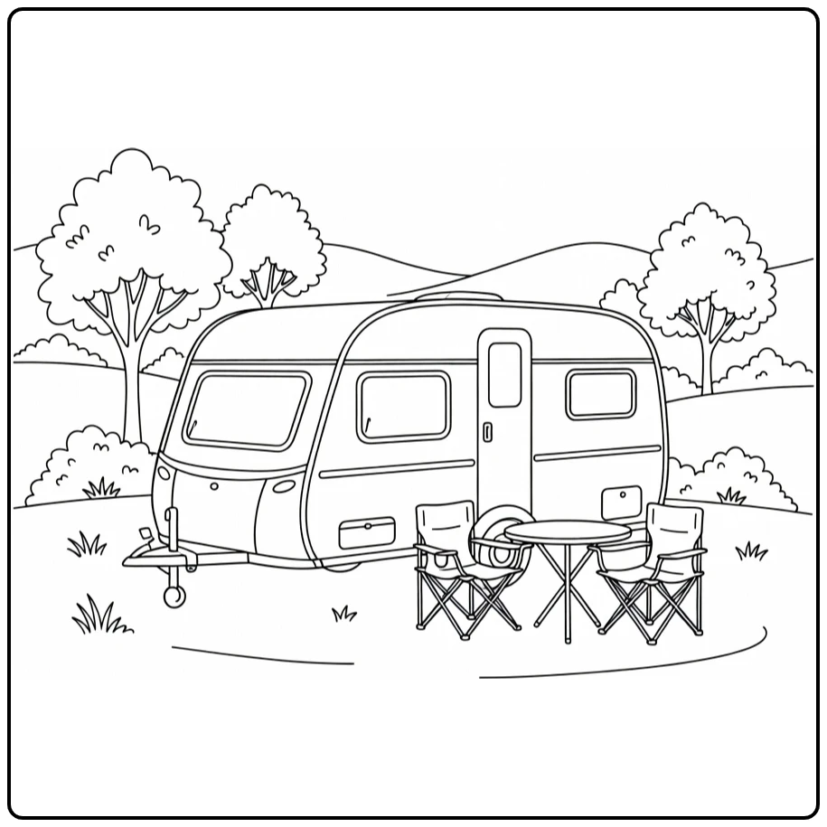 kleurplaat caravan met klapstoel en tafel tussen bomen