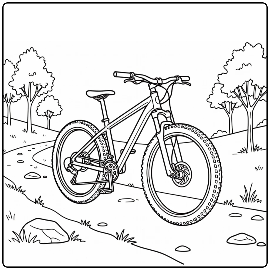 kleurplaat fiets mountainbike op avontuurlijk bospad
