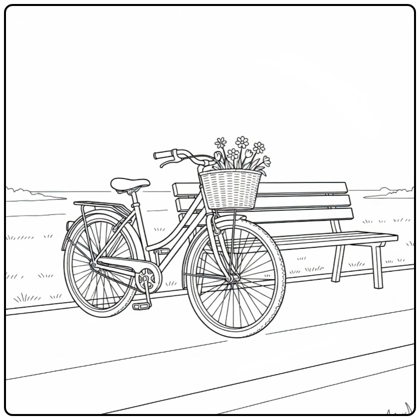 kleurplaat fiets naast parkbank met bloemenmand